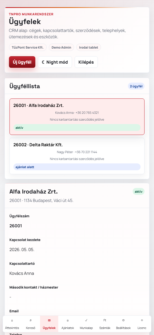 TNPro ugyfelkezelo es telephely nezet