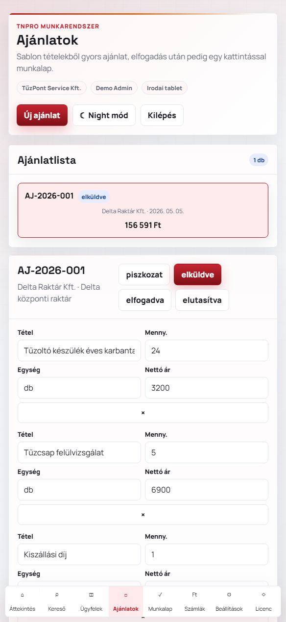 TNPro ajanlatok es szamlak nezet