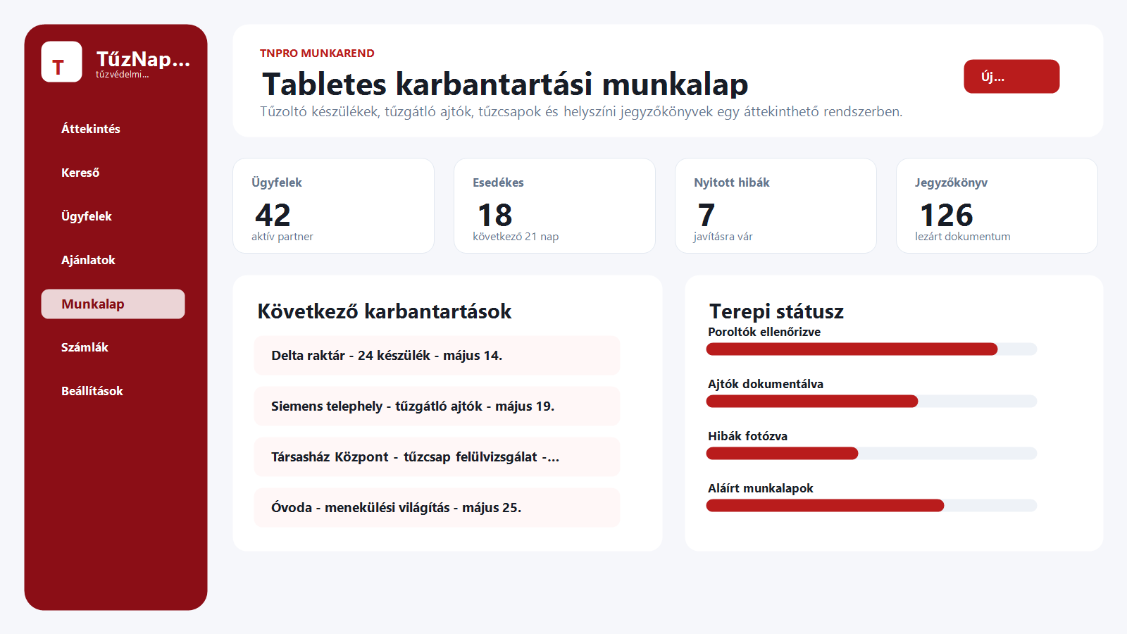 Tabletes karbantartási munkalap tűzvédelmi technikusnak